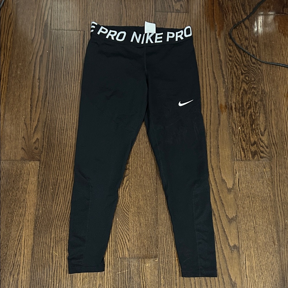 Nike Pro black leggings w/ Waistband Logo spelled out workout XL